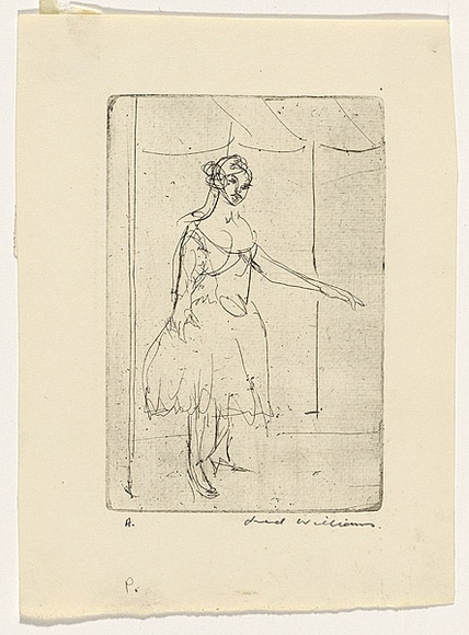 Artist: b'WILLIAMS, Fred' | Title: b'Dancer standing' | Date: 1955-56 | Technique: b'etching and engraving, printed in black ink, from one copper plate; pencil additions' | Copyright: b'\xc2\xa9 Fred Williams Estate' Artist: b'WILLIAMS, Fred' | Title: b'Dancer standing' | Date: 1955-56 | Technique: b'etching and engraving, printed in black ink, from one copper plate; pencil additions' | Copyright: b'\xc2\xa9 Fred Williams Estate'