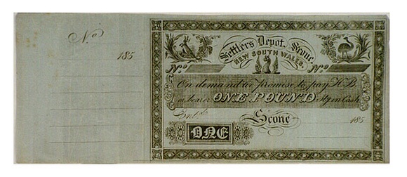 Artist: b'Wilson, William.' | Title: b'Promissory note for Settlers Depot Scone' | Date: 1849 | Technique: b'engraving, printed in black ink, from one copper plate' Artist: b'Wilson, William.' | Title: b'Promissory note for Settlers Depot Scone' | Date: 1849 | Technique: b'engraving, printed in black ink, from one copper plate'