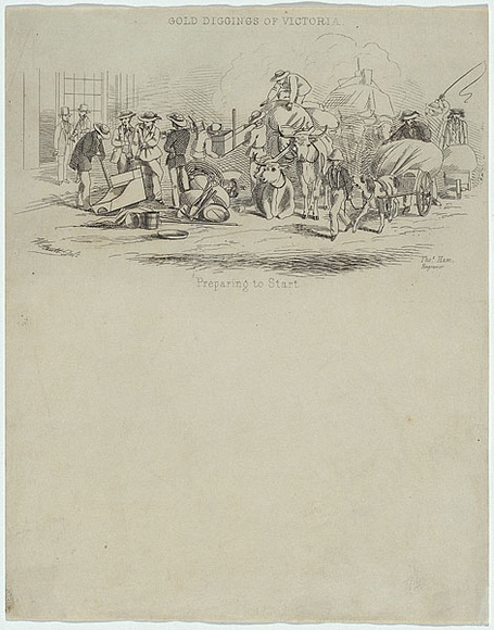 Artist: b'STRUTT, William' | Title: b'Gold diggings of Victoria. Preparing to start.' | Date: 1851 | Technique: b'line-engraving, printed in black ink, from one copper plate' Artist: b'STRUTT, William' | Title: b'Gold diggings of Victoria. Preparing to start.' | Date: 1851 | Technique: b'line-engraving, printed in black ink, from one copper plate'