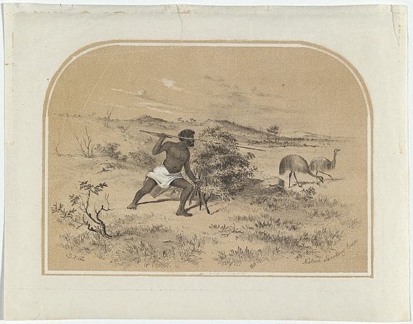 Artist: b'GILL, S.T.' | Title: b'Native sneaking emu.' | Date: c.1854 | Technique: b'lithograph, printed in colour, from two stones (black and buff)' Artist: b'GILL, S.T.' | Title: b'Native sneaking emu.' | Date: c.1854 | Technique: b'lithograph, printed in colour, from two stones (black and buff)'