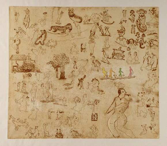 Artist: b'Shearer, Mitzi.' | Title: b'Bulliwutzies I' | Date: 1980 | Technique: b'etching, printed in brown ink with plate-tone, from one plate, hand-coloured' Artist: b'Shearer, Mitzi.' | Title: b'Bulliwutzies I' | Date: 1980 | Technique: b'etching, printed in brown ink with plate-tone, from one plate, hand-coloured'