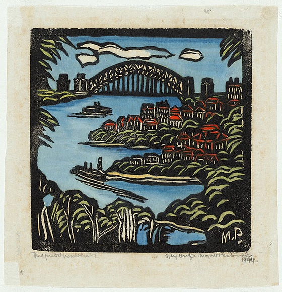 Artist: b'PRESTON, Margaret' | Title: b'Sydney Bridge' | Date: 1944 | Technique: b'woodcut, printed in black ink, from one block; hand-coloured' | Copyright: b'\xc2\xa9 Margaret Preston. Licensed by VISCOPY, Australia' Artist: b'PRESTON, Margaret' | Title: b'Sydney Bridge' | Date: 1944 | Technique: b'woodcut, printed in black ink, from one block; hand-coloured' | Copyright: b'\xc2\xa9 Margaret Preston. Licensed by VISCOPY, Australia'
