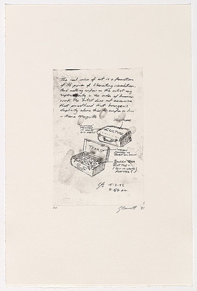 Artist: b'Bennett, Gordon.' | Title: b'not titled [The real value of art]' | Date: 1993 | Technique: b'soft-ground etching, printed in black ink, from one plate' | Copyright: b'\xc2\xa9 Gordon Bennett, Licensed by VISCOPY, Australia'