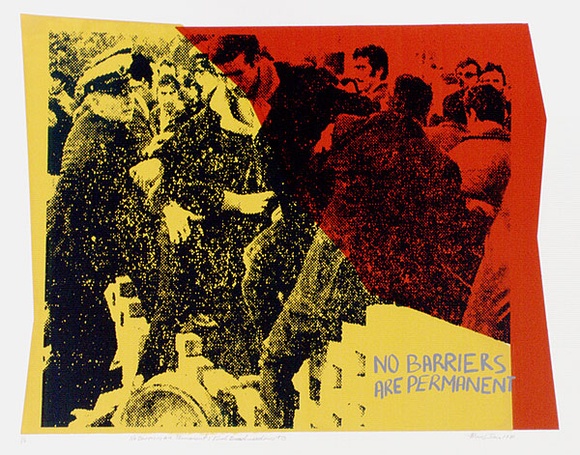Artist: b'PROIOS, Stergios' | Title: b'No barriers are permanent: Ford Broadmeadows 1973' | Date: 1986 | Technique: b'screenprint, printed in colour, from multiple stencils' Artist: b'PROIOS, Stergios' | Title: b'No barriers are permanent: Ford Broadmeadows 1973' | Date: 1986 | Technique: b'screenprint, printed in colour, from multiple stencils'