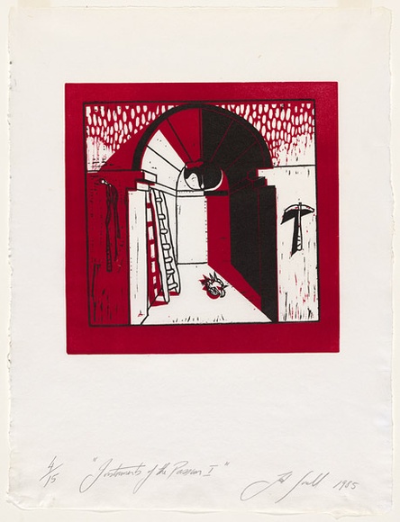 Artist: b'Snell, Ted.' | Title: b'Instruments of the Passion I.' | Date: 1985 | Technique: b'linocut, printed in colour, from two blocks' Artist: b'Snell, Ted.' | Title: b'Instruments of the Passion I.' | Date: 1985 | Technique: b'linocut, printed in colour, from two blocks'