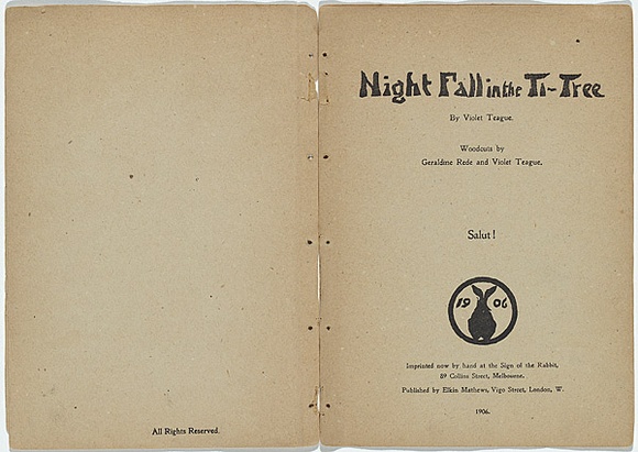 Artist: b'Rede, Geraldine.' | Title: b'Title page: Night fall in the ti-tree.' | Date: 1905 | Technique: b'woodcut, printed in black ink in the Japanese manner, from one block; with letter-press' | Copyright: b'\xc2\xa9 Violet Teague Archive, courtesy Felicity Druce' Artist: b'Rede, Geraldine.' | Title: b'Title page: Night fall in the ti-tree.' | Date: 1905 | Technique: b'woodcut, printed in black ink in the Japanese manner, from one block; with letter-press' | Copyright: b'\xc2\xa9 Violet Teague Archive, courtesy Felicity Druce'
