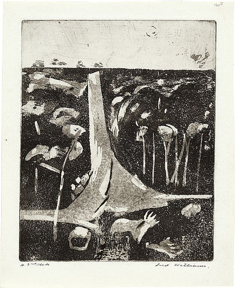 Artist: b'WILLIAMS, Fred' | Title: b'Landscape with a steep road' | Date: 1959 | Technique: b'aquatint, drypoint, engraving and etching, printed in black ink, from one copper plate' | Copyright: b'\xc2\xa9 Fred Williams Estate' Artist: b'WILLIAMS, Fred' | Title: b'Landscape with a steep road' | Date: 1959 | Technique: b'aquatint, drypoint, engraving and etching, printed in black ink, from one copper plate' | Copyright: b'\xc2\xa9 Fred Williams Estate'