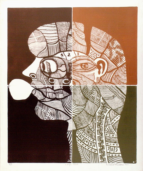 Artist: b'HANRAHAN, Barbara' | Title: b'Large head' | Date: 1965 | Technique: b'lithograph, printed in colour, from four plates' Artist: b'HANRAHAN, Barbara' | Title: b'Large head' | Date: 1965 | Technique: b'lithograph, printed in colour, from four plates'