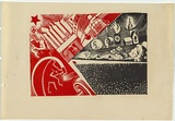 Artist: UNKNOWN, WORKER ARTISTS, SYDNEY, NSW | Title: Not titled (smokestacks and church). | Date: 1933 | Technique: linocut, printed in colour, from two blocks (black and red)