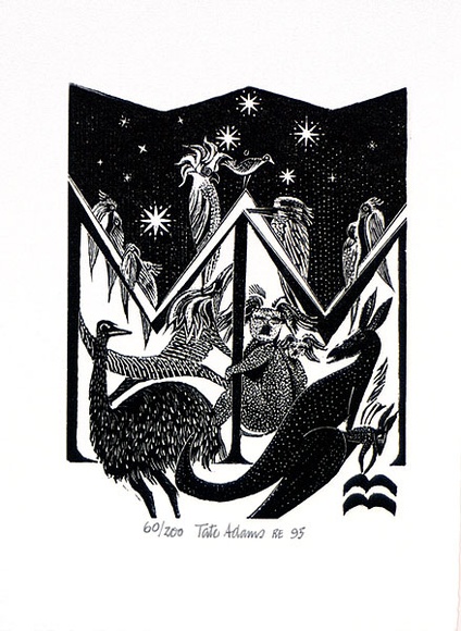 Artist: b'Adams, Tate.' | Title: b'Bookplate: The Dictionary of Art, 1995.' | Date: 1995 | Technique: b'wood-engraving, printed in black ink, from one block' Artist: b'Adams, Tate.' | Title: b'Bookplate: The Dictionary of Art, 1995.' | Date: 1995 | Technique: b'wood-engraving, printed in black ink, from one block'