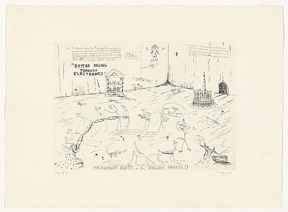 Artist: b'COLEING, Tony' | Title: b'(The birthday party) or (The misguided mussell) or (Better killing through electronics)' | Date: 1983 | Technique: b'etching, printed in black ink, from one plate' Artist: b'COLEING, Tony' | Title: b'(The birthday party) or (The misguided mussell) or (Better killing through electronics)' | Date: 1983 | Technique: b'etching, printed in black ink, from one plate'