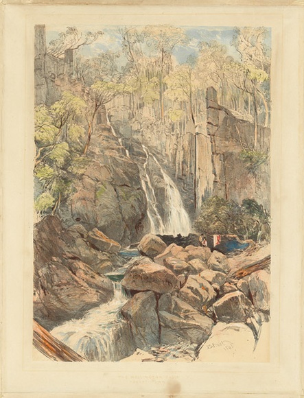 Artist: b'PROUT, John Skinner' | Title: b'The Wellington Falls, Hobart Town.' | Date: 1845 | Technique: b'lithograph, printed in colour, from multiple stones; additional hand-colouring' Artist: b'PROUT, John Skinner' | Title: b'The Wellington Falls, Hobart Town.' | Date: 1845 | Technique: b'lithograph, printed in colour, from multiple stones; additional hand-colouring'