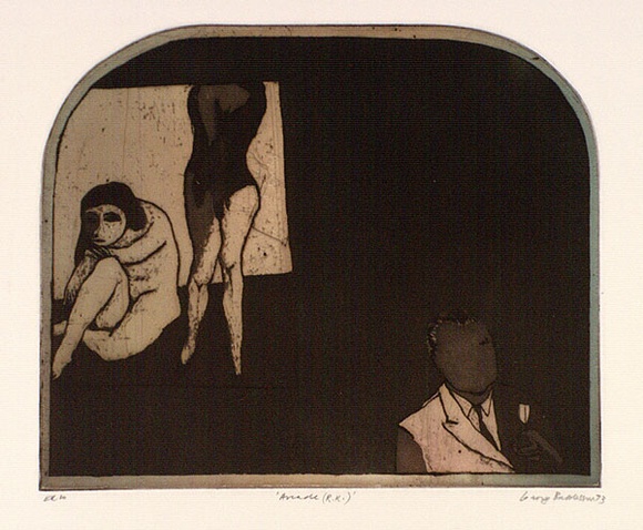 Artist: b'BALDESSIN, George' | Title: b'Arcade (R.K.).' | Date: 1973 | Technique: b'etching and aquatint, printed in brown ink, from one shaped plate over gradated colour roll.' Artist: b'BALDESSIN, George' | Title: b'Arcade (R.K.).' | Date: 1973 | Technique: b'etching and aquatint, printed in brown ink, from one shaped plate over gradated colour roll.'