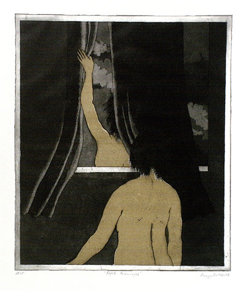 Artist: BALDESSIN, George | Title: Night personages. | Date: 1970 | Technique: etching and aquatint, printed in black ink, from one plate; stencil, printed in colour ink, from multiple stencils.