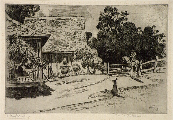Artist: b'FULLWOOD, A.H.' | Title: b'The country postman.' | Date: 1925 | Technique: b'etching, printed in black ink with plate-tone, from one plate' Artist: b'FULLWOOD, A.H.' | Title: b'The country postman.' | Date: 1925 | Technique: b'etching, printed in black ink with plate-tone, from one plate'