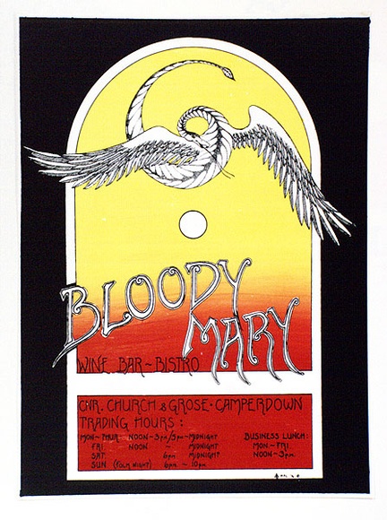 Artist: b'LITTLE, Colin' | Title: b'Bloody Mary - Wine Bar-Bistro' | Date: 1974 | Technique: b'screenprint, printed in colour, from multiple stencils' Artist: b'LITTLE, Colin' | Title: b'Bloody Mary - Wine Bar-Bistro' | Date: 1974 | Technique: b'screenprint, printed in colour, from multiple stencils'