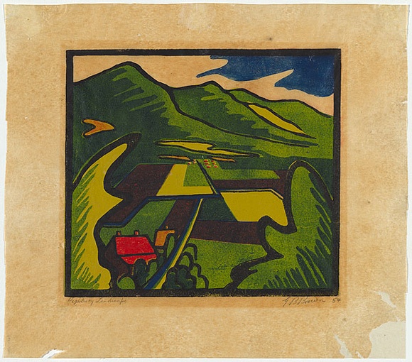 Artist: b'Brown, Geoffrey' | Title: b'Highbury landscape.' | Date: 1954 | Technique: b'linocut, printed in colour, from mutliple blocks' Artist: b'Brown, Geoffrey' | Title: b'Highbury landscape.' | Date: 1954 | Technique: b'linocut, printed in colour, from mutliple blocks'