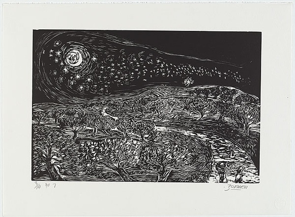 Artist: b'Zofrea, Salvatore.' | Title: b'The first time I saw the stars.' | Date: 1994-99 | Technique: b'woodcut, printed in black ink, from one kauri pine woodblock' | Copyright: b'\xc2\xa9 Salvatore Zofrea, 1994-1999'