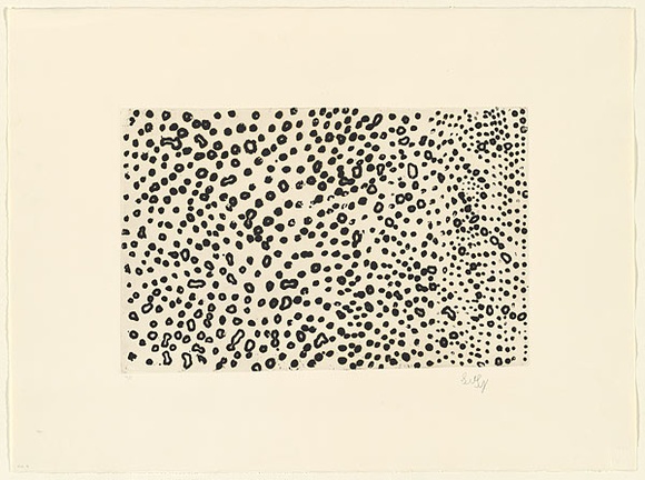Artist: b'Bootja Bootja, Susie.' | Title: b'(Sugar lift dots - patterning)' | Date: 1998, November | Technique: b'deep-bite etching and sugarlift, printed in black ink, from one zinc plate' | Copyright: b'\xc2\xa9 Suzie Bootja Bootja, Licensed by VISCOPY, Sydney' Artist: b'Bootja Bootja, Susie.' | Title: b'(Sugar lift dots - patterning)' | Date: 1998, November | Technique: b'deep-bite etching and sugarlift, printed in black ink, from one zinc plate' | Copyright: b'\xc2\xa9 Suzie Bootja Bootja, Licensed by VISCOPY, Sydney'