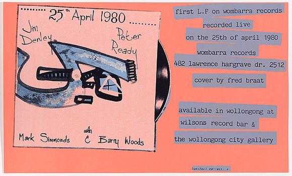 Artist: b'White, Sheona.' | Title: b'Jim Denley, Peter Ready, Mark Simmonds with Barry Woods. Ffirst L.P. on Wombarra Records.' | Date: 1980 | Technique: b'screenprint, printed in colour, from three stencils' Artist: b'White, Sheona.' | Title: b'Jim Denley, Peter Ready, Mark Simmonds with Barry Woods. Ffirst L.P. on Wombarra Records.' | Date: 1980 | Technique: b'screenprint, printed in colour, from three stencils'