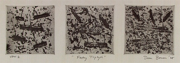 Artist: b'Bowen, Dean.' | Title: b'Factory triptych' | Date: 1988 | Technique: b'etching, printed in black ink, from three plates' Artist: b'Bowen, Dean.' | Title: b'Factory triptych' | Date: 1988 | Technique: b'etching, printed in black ink, from three plates'