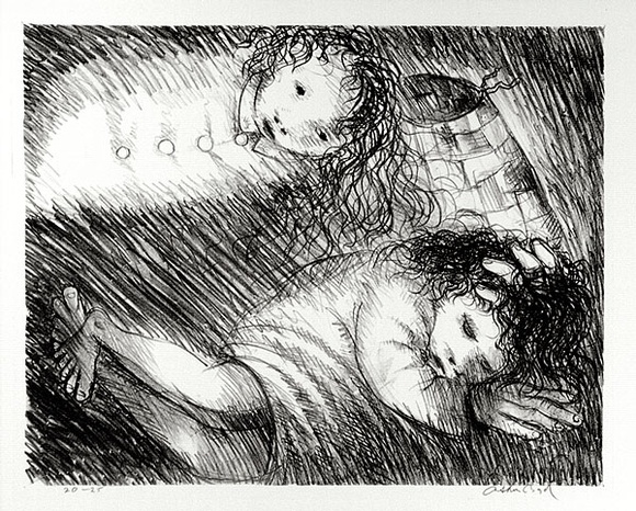 Artist: b'BOYD, Arthur' | Title: b'St Francis when young dreaming of fine clothes and armour.' | Date: (1965) | Technique: b'lithograph, printed in black ink, from one plate' | Copyright: b'Reproduced with permission of Bundanon Trust' Artist: b'BOYD, Arthur' | Title: b'St Francis when young dreaming of fine clothes and armour.' | Date: (1965) | Technique: b'lithograph, printed in black ink, from one plate' | Copyright: b'Reproduced with permission of Bundanon Trust'