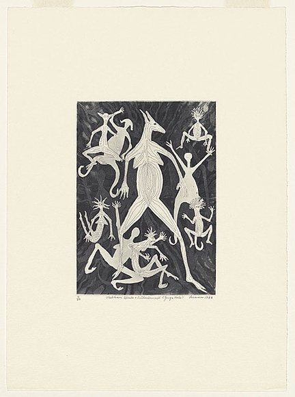 Artist: b'Hayward Pooaraar, Bevan.' | Title: b'Mubborn Spirits & Anthropomorphic (Yonga Tribe)' | Date: 1988 | Technique: b'etching' Artist: b'Hayward Pooaraar, Bevan.' | Title: b'Mubborn Spirits & Anthropomorphic (Yonga Tribe)' | Date: 1988 | Technique: b'etching'