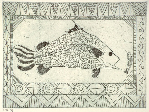 Artist: b'Puruntatameri, Cecil,' | Title: b'Fish' | Date: 1995, December | Technique: b'etching, printed in green ink, from one plate' Artist: b'Puruntatameri, Cecil,' | Title: b'Fish' | Date: 1995, December | Technique: b'etching, printed in green ink, from one plate'