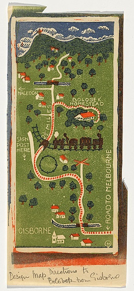 Artist: b'OGILVIE, Helen' | Title: b'Design map direction to Bolobek from Gisborne' | Technique: b'linocut, printed in colour, from multiple blocks' Artist: b'OGILVIE, Helen' | Title: b'Design map direction to Bolobek from Gisborne' | Technique: b'linocut, printed in colour, from multiple blocks'
