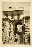 Artist: LINDSAY, Lionel | Title: Old carriage way, Cumberland Street | Date: 1920 | Technique: etching, printed in black ink with plate-tone, from one plate | Copyright: Courtesy of the National Library of Australia