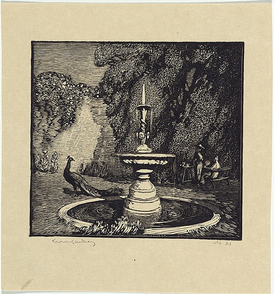 Artist: b'LINDSAY, Lionel' | Title: b'The fountain' | Date: 1922 | Technique: b'wood-engraving, printed in black ink, from one block' | Copyright: b'Courtesy of the National Library of Australia' Artist: b'LINDSAY, Lionel' | Title: b'The fountain' | Date: 1922 | Technique: b'wood-engraving, printed in black ink, from one block' | Copyright: b'Courtesy of the National Library of Australia'