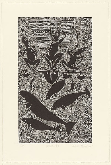 Artist: b'Nona, Dennis.' | Title: b'Dhangalla' | Date: 2000 | Technique: b'linocut, printed in black ink, from one block' | Copyright: b'Courtesy of the artist and the Australia Art Print Network' Artist: b'Nona, Dennis.' | Title: b'Dhangalla' | Date: 2000 | Technique: b'linocut, printed in black ink, from one block' | Copyright: b'Courtesy of the artist and the Australia Art Print Network'