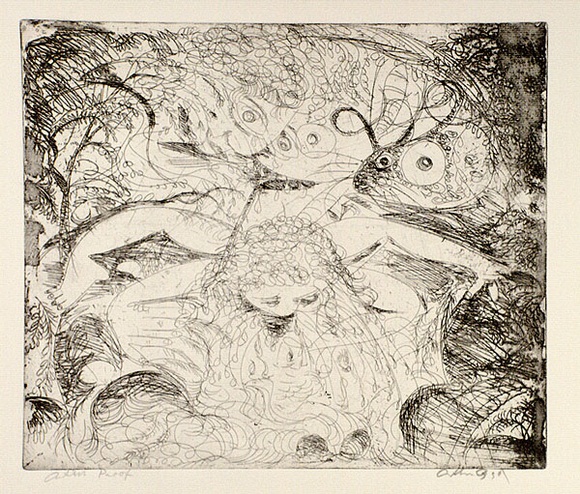Artist: b'BOYD, Arthur' | Title: bNude washing in a creek with watching head and ram's head. | Date: (1962-63) | Technique: b'etching, printed in black ink, from one plate' | Copyright: b'Reproduced with permission of Bundanon Trust' Artist: b'BOYD, Arthur' | Title: bNude washing in a creek with watching head and ram's head. | Date: (1962-63) | Technique: b'etching, printed in black ink, from one plate' | Copyright: b'Reproduced with permission of Bundanon Trust'