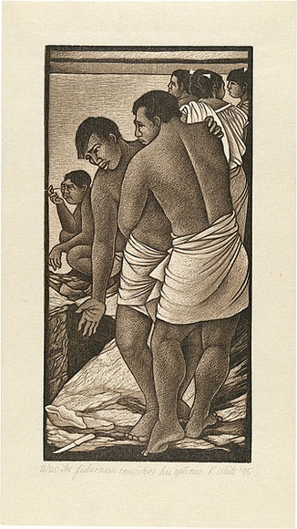 Artist: b'White, Robin.' | Title: b'The fisherman considers his options' | Date: 1995 | Technique: b'woodcut, printed in sepia ink, from two blocks' Artist: b'White, Robin.' | Title: b'The fisherman considers his options' | Date: 1995 | Technique: b'woodcut, printed in sepia ink, from two blocks'