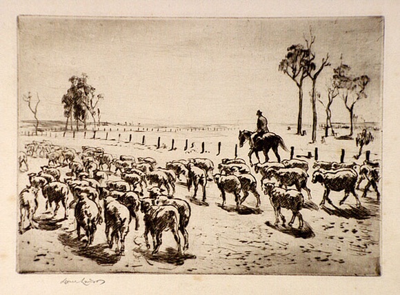 Artist: b'LINDSAY, Lionel' | Title: b'Travelling sheep to Bourke' | Date: c.1940 | Technique: b'drypoint, printed in brown ink with plate-tone, from one plate' | Copyright: b'Courtesy of the National Library of Australia' Artist: b'LINDSAY, Lionel' | Title: b'Travelling sheep to Bourke' | Date: c.1940 | Technique: b'drypoint, printed in brown ink with plate-tone, from one plate' | Copyright: b'Courtesy of the National Library of Australia'