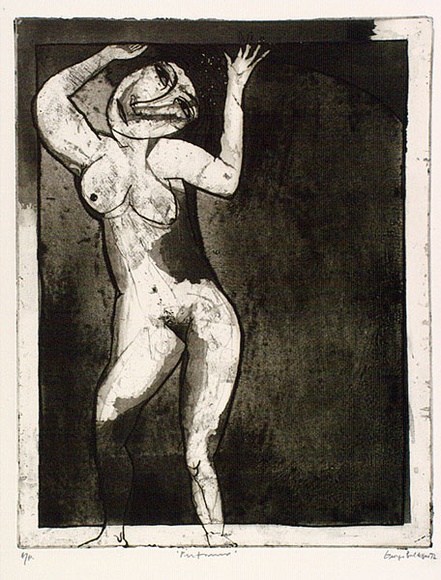 Artist: b'BALDESSIN, George' | Title: b'Performer.' | Date: 1972 | Technique: b'etching and aquatint, printed in black ink, from one plate' Artist: b'BALDESSIN, George' | Title: b'Performer.' | Date: 1972 | Technique: b'etching and aquatint, printed in black ink, from one plate'