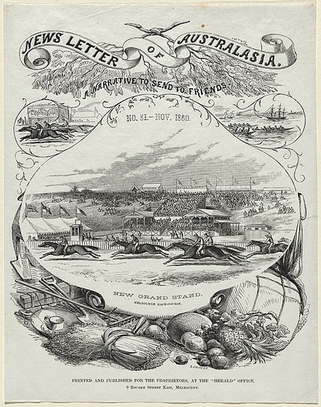 Artist: b'Calvert, Samuel.' | Title: b'New grand stand, Melbourne race-course' | Date: 1860 | Technique: b'wood-engraving, printed in black ink, from one block' Artist: b'Calvert, Samuel.' | Title: b'New grand stand, Melbourne race-course' | Date: 1860 | Technique: b'wood-engraving, printed in black ink, from one block'