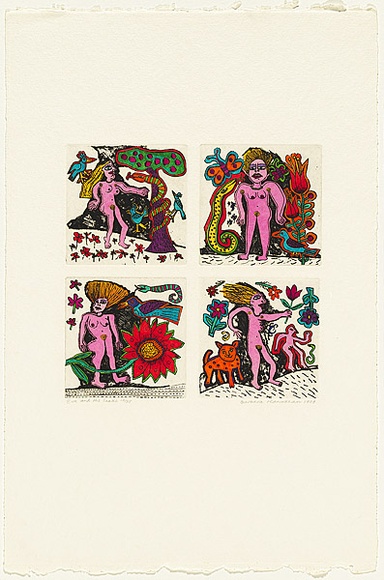 Artist: b'HANRAHAN, Barbara' | Title: b'Eve and the snake' | Date: 1989 | Technique: b'etching, printed in black ink with plate-tone, from four plates' Artist: b'HANRAHAN, Barbara' | Title: b'Eve and the snake' | Date: 1989 | Technique: b'etching, printed in black ink with plate-tone, from four plates'