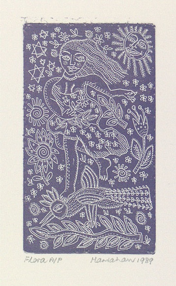 Artist: b'HANRAHAN, Barbara' | Title: b'Flora' | Date: 1989 | Technique: b'relief-etching, printed in black ink, from one plate' Artist: b'HANRAHAN, Barbara' | Title: b'Flora' | Date: 1989 | Technique: b'relief-etching, printed in black ink, from one plate'