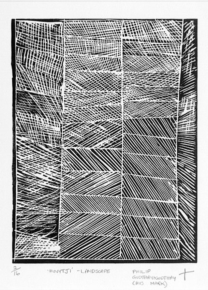 Artist: b'GUDTHAYKUDTHAY, Philip' | Title: b'Minytji, landscape' | Date: (1993) | Technique: b'linocut, printed in black ink, from one block' | Copyright: b'\xc2\xa9 Philip Gudthaykudthay. Licensed by VISCOPY, Australia' Artist: b'GUDTHAYKUDTHAY, Philip' | Title: b'Minytji, landscape' | Date: (1993) | Technique: b'linocut, printed in black ink, from one block' | Copyright: b'\xc2\xa9 Philip Gudthaykudthay. Licensed by VISCOPY, Australia'