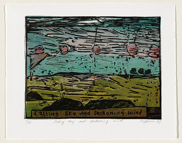 Artist: b'Green, Kaye.' | Title: b'Calling sky and beckoning wind' | Date: 1999 | Technique: b'linocut, printed in colour from one plate' Artist: b'Green, Kaye.' | Title: b'Calling sky and beckoning wind' | Date: 1999 | Technique: b'linocut, printed in colour from one plate'