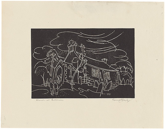 Artist: b'Jack, Kenneth.' | Title: b'Church at Bellerive, Tasmania' | Date: 1953 | Technique: b'linocut, printed in black ink, from one block' | Copyright: b'\xc2\xa9 Kenneth Jack. Licensed by VISCOPY, Australia' Artist: b'Jack, Kenneth.' | Title: b'Church at Bellerive, Tasmania' | Date: 1953 | Technique: b'linocut, printed in black ink, from one block' | Copyright: b'\xc2\xa9 Kenneth Jack. Licensed by VISCOPY, Australia'