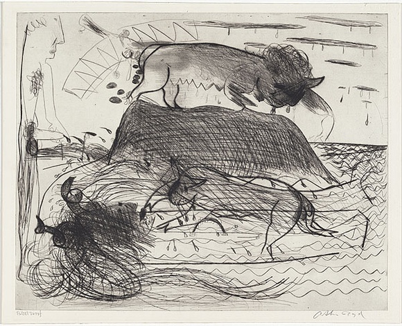Artist: b'BOYD, Arthur' | Title: b'Figure and floating figure with beasts.' | Date: 1960-70 | Technique: b'etching, printed in black ink, from one plate' | Copyright: b'Reproduced with permission of Bundanon Trust' Artist: b'BOYD, Arthur' | Title: b'Figure and floating figure with beasts.' | Date: 1960-70 | Technique: b'etching, printed in black ink, from one plate' | Copyright: b'Reproduced with permission of Bundanon Trust'