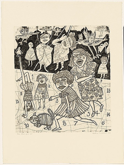 Artist: b'HANRAHAN, Barbara' | Title: b'Rose Street girls' | Date: 1988 | Technique: b'etching, printed in black ink, from one plate' Artist: b'HANRAHAN, Barbara' | Title: b'Rose Street girls' | Date: 1988 | Technique: b'etching, printed in black ink, from one plate'