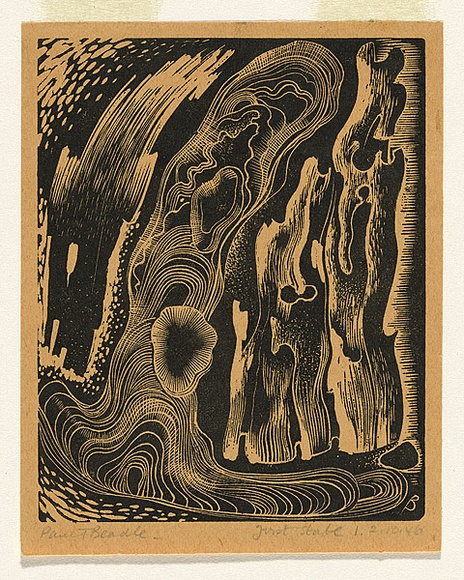Artist: b'Beadle, Paul' | Title: b'Crucifix, oyster and driftwood.' | Date: 1946 | Technique: b'wood-engraving, printed in black ink, from one block' Artist: b'Beadle, Paul' | Title: b'Crucifix, oyster and driftwood.' | Date: 1946 | Technique: b'wood-engraving, printed in black ink, from one block'