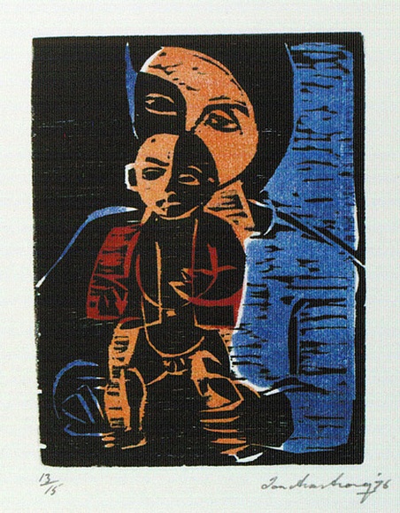 Artist: b'Armstrong, Ian.' | Title: b'(Mother and child).' | Date: 1976 | Technique: b'woodcut, printed in colour, from four blocks' Artist: b'Armstrong, Ian.' | Title: b'(Mother and child).' | Date: 1976 | Technique: b'woodcut, printed in colour, from four blocks'