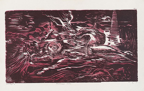 Artist: MEYER, Bill | Title: Landscaped lady | Date: 1969 | Technique: woodcut, printed in two colours, from one block; initial printing with block tone and grain | Copyright: © Bill Meyer