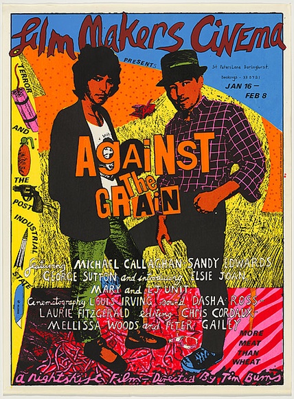 Artist: b'WORSTEAD, Paul' | Title: b'Against the Grain - Film Makers Cinema.' | Date: 1981 | Technique: b'screenprint, printed in colour, from five stencils,' | Copyright: b'This work appears on screen courtesy of the artist' Artist: b'WORSTEAD, Paul' | Title: b'Against the Grain - Film Makers Cinema.' | Date: 1981 | Technique: b'screenprint, printed in colour, from five stencils,' | Copyright: b'This work appears on screen courtesy of the artist'