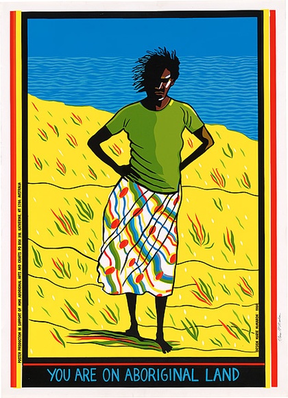 Artist: b'McMahon, Marie.' | Title: b'Aboriginal land' | Date: 1990 | Technique: b'screenprint, printed in colour, from multiple screens' | Copyright: b'\xc2\xa9 Marie McMahon. Licensed by VISCOPY, Australia' Artist: b'McMahon, Marie.' | Title: b'Aboriginal land' | Date: 1990 | Technique: b'screenprint, printed in colour, from multiple screens' | Copyright: b'\xc2\xa9 Marie McMahon. Licensed by VISCOPY, Australia'