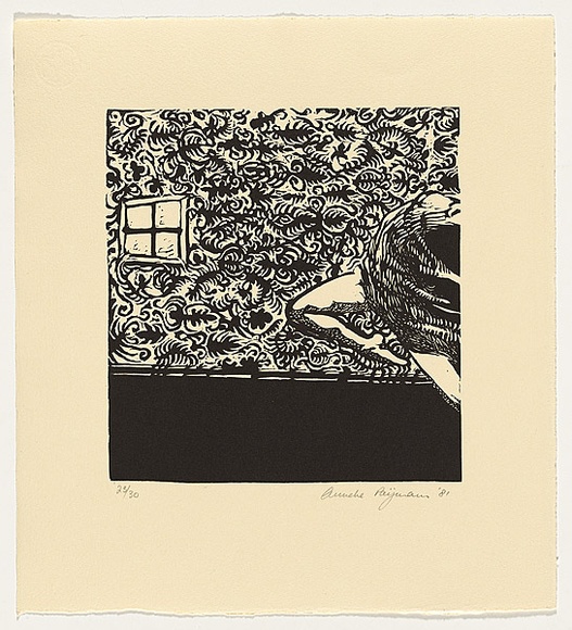 Artist: b'Paijmans, Anneke.' | Title: b'not titled [arch-backed figure against wallpaper pattern]' | Date: 1981 | Technique: b'linocut, printed in black ink, from one block'